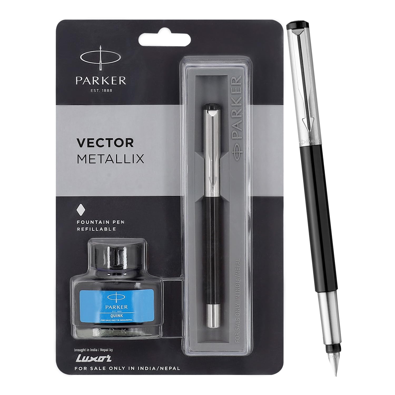 Parker Vector Mettalix Silver Trim Fountain Pen With Free Quink Blue Ink Bottle (Ink - Black)