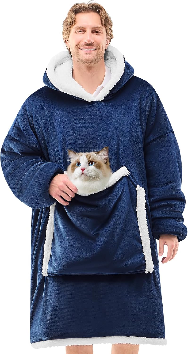 JOYWOO Navy Wearable Blanket Hoodie,Oversized Cat Lovers Sweatshirt Blanket for Adult, Birthday Gifts for Women,Mom,Men,Cozy Fuzzy Sherpa Hooded Blanket with Giant Pocket and Winter Gifts,Standard