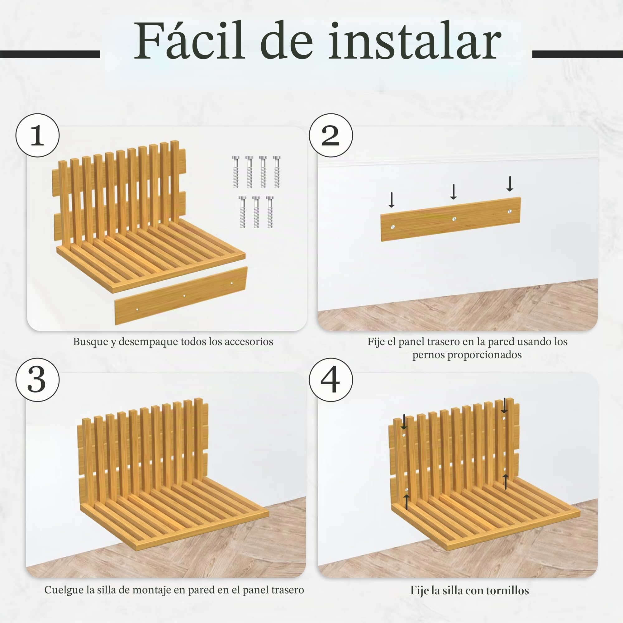 Asiento de Ducha Abatible de Pared de Bambú – Silla Plegable de Pared 120 kg – Banco de Ducha de Madera Resistente al Agua – Ducha, Entrada, Piscina – Ahorra Espacio 34x42 cm – Diseño Belga