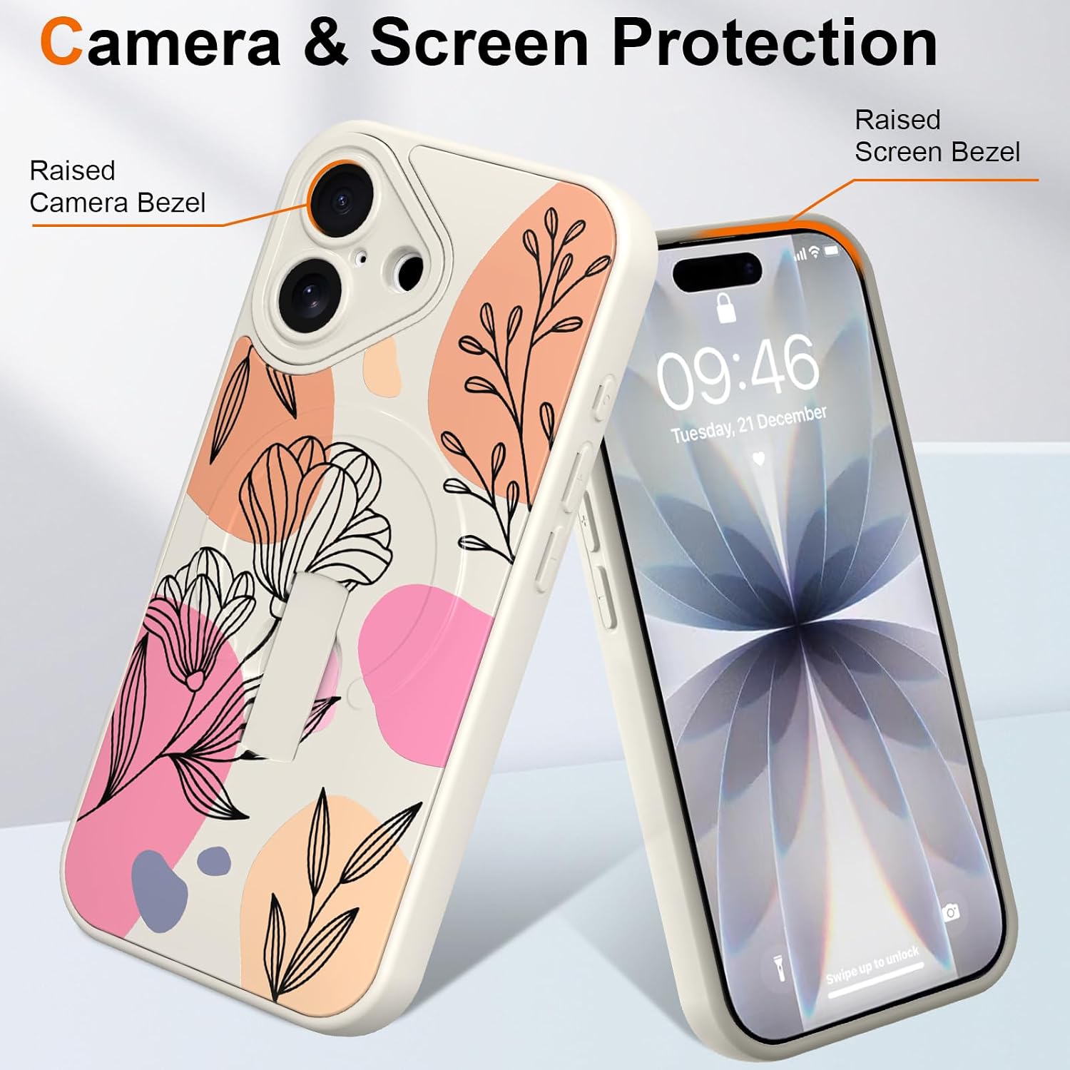 Magnetic for iPhone 17 Case with Finger Hand Strap, Compatible with MagSafe Pretty Aesthetic Floral Pattern Design for Women Girl Soft Slim Drop Protective Cover, White