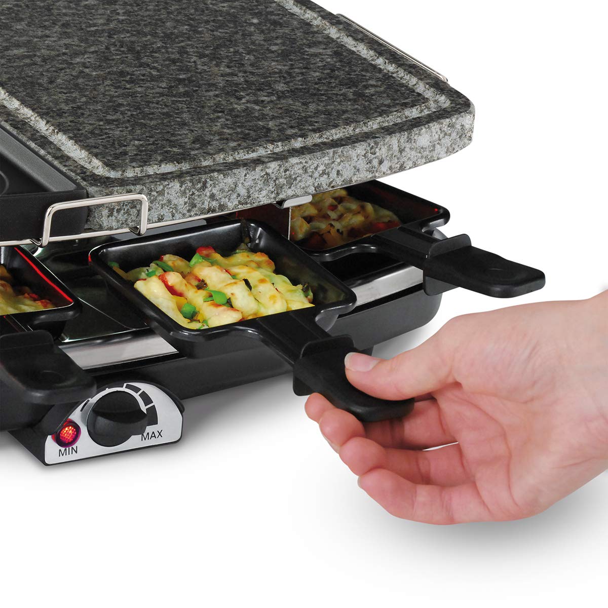 Cloer 6435 Griglia per Raclette con Piastra in Pietra Naturale e in Alluminio Pressofuso, 1200 W, padelline con rivestimento antiaderente