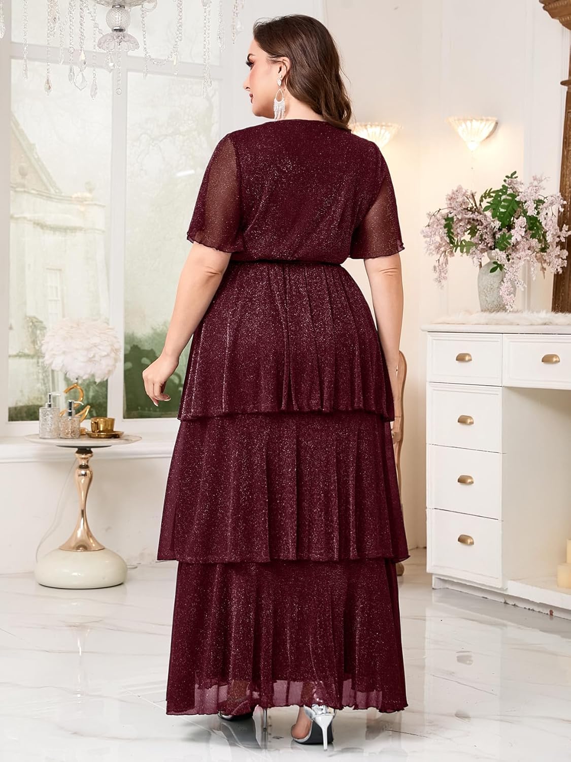 Plus Size Formal Evening Gown Glitter V Neck Ruffle Sleeve Elegant Flowy Tiered Maxi Wedding Guest Party Dress