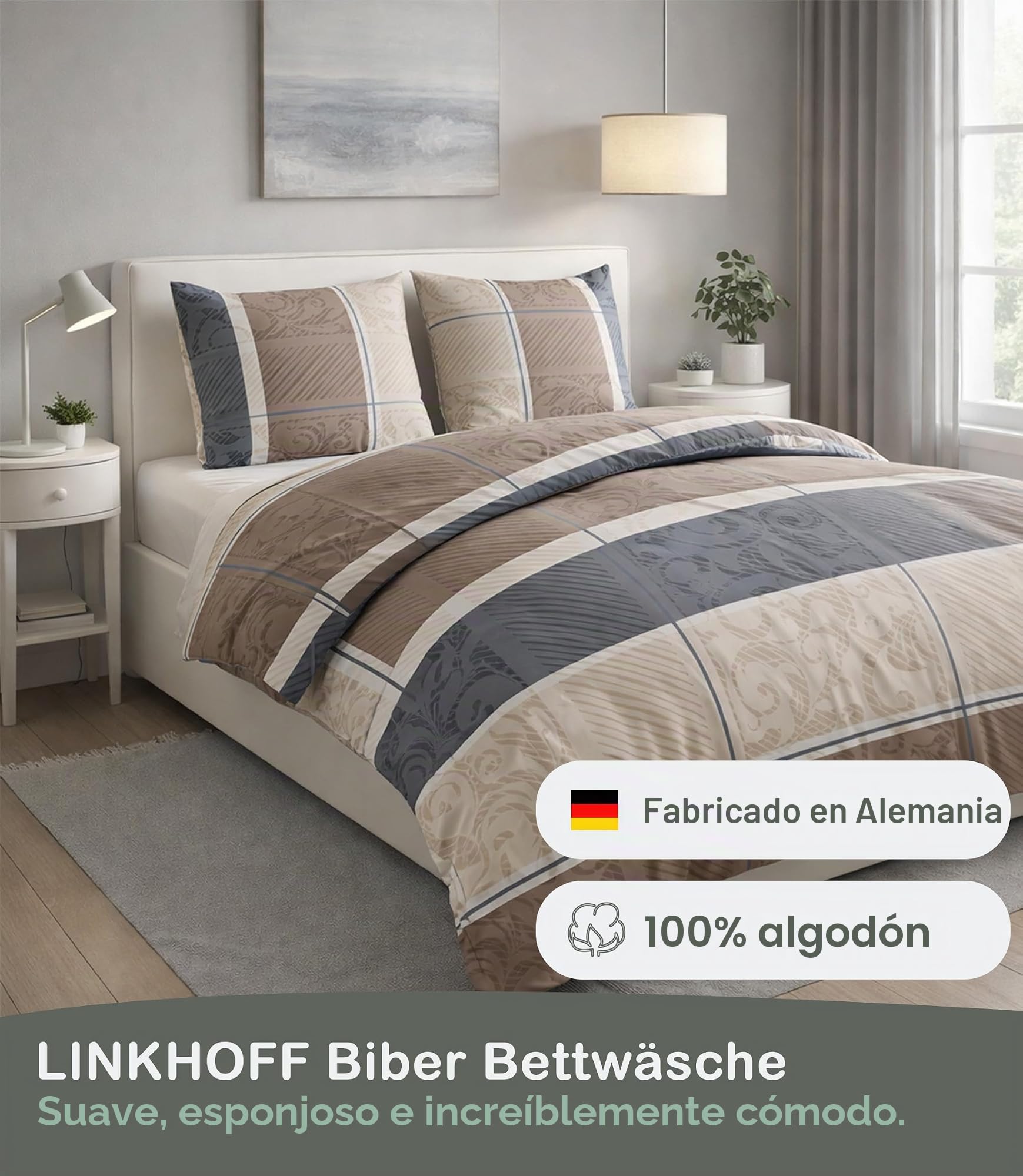 LINKHOFF Ropa de cama de franela de 135 x 200 cm, 2 piezas, color beige topo, 100 % algodón, funda de almohada de 80 x 80 cm + funda nórdica de 135 x 200 cm
