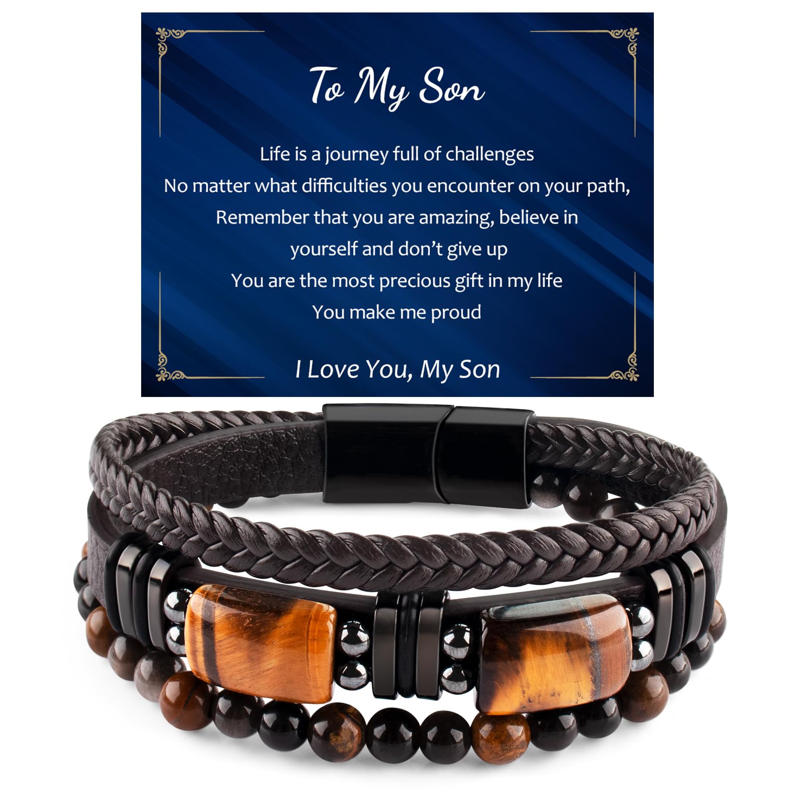 ZZLTAWS Mens Leather Tiger Eye Bracelet Natural Crystal Stone Beads Jewelry Triple Protection Bracelet for Father's Day Valentine'S Day Birthday