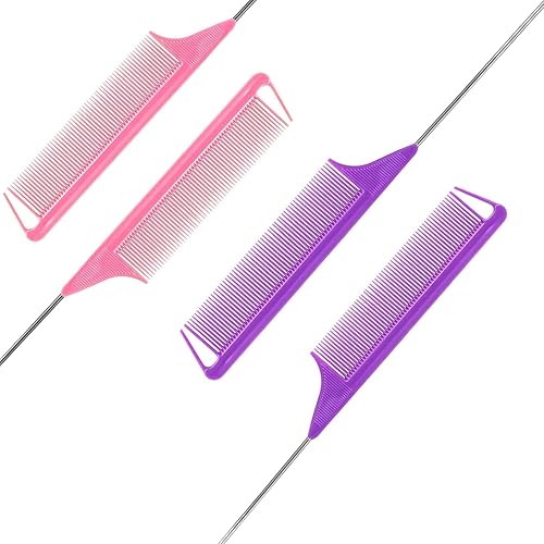 Miniatura 3 de Peine de cola de rata, peine de separación, juego de peines de metal largos de acero para estilistas, peines para cabello para mujeres (4 paquetes,