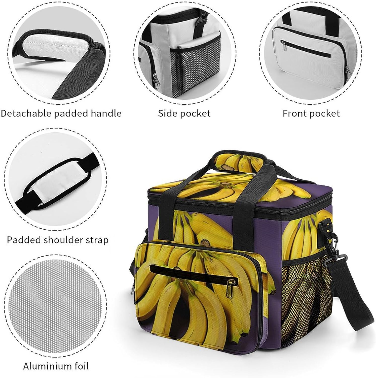 Camping Ice Pack, Unique Banana Fruit Print Cooler Bag, 22.5L Large Capacity Insulated Lunch Tote Bag for Outdoor, Picnic, BBQ, Travel, Work