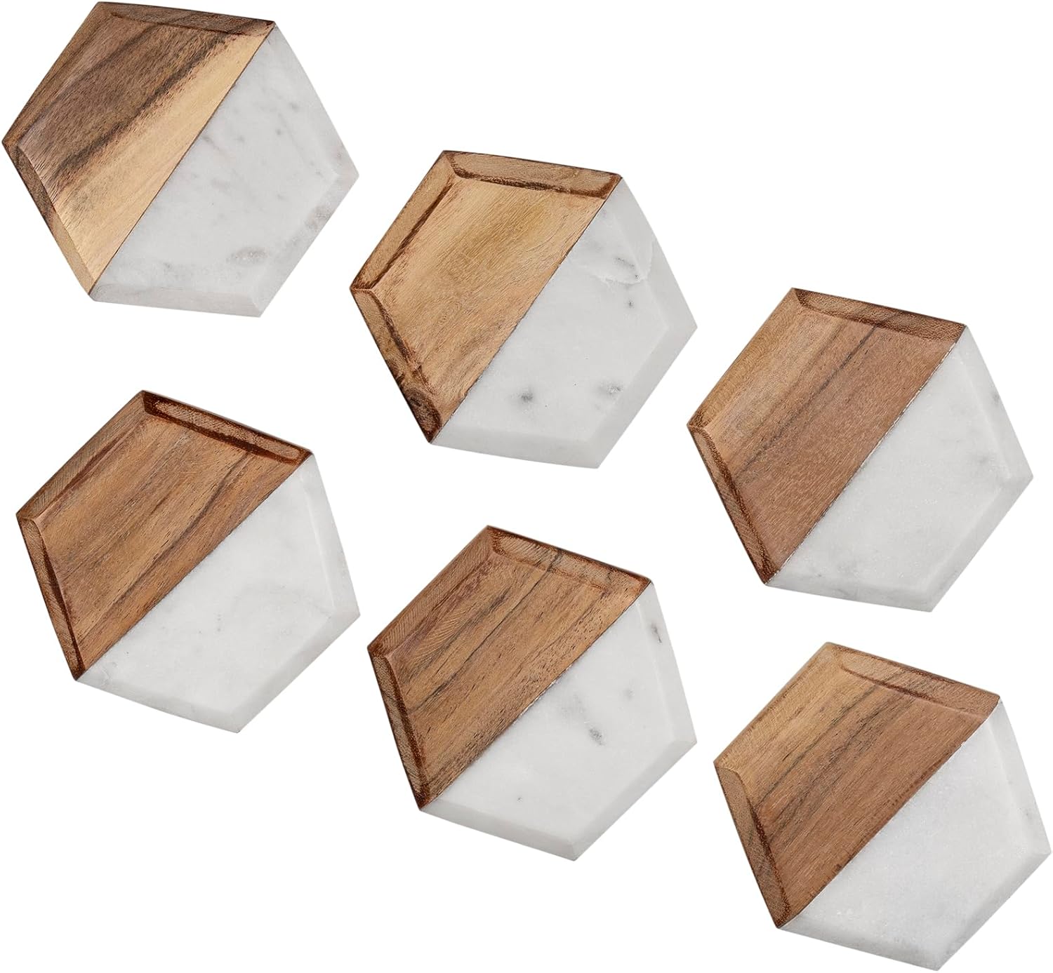 GoCraft Set of 6 Marble & Wood Coasters – Beveled Edge Round Coasters for Drinks – Handmade White Marble with Mango Wood – Durable Drinkware Accessories for Bar, Dining Table & Coffee Station
