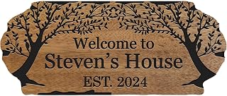 EXUNART Tree of Life Custom Wood Sign - Personalized 3D Carved Address Plaque, Rustic Outdoor Cabin Wall Art, Large Last Name Decor