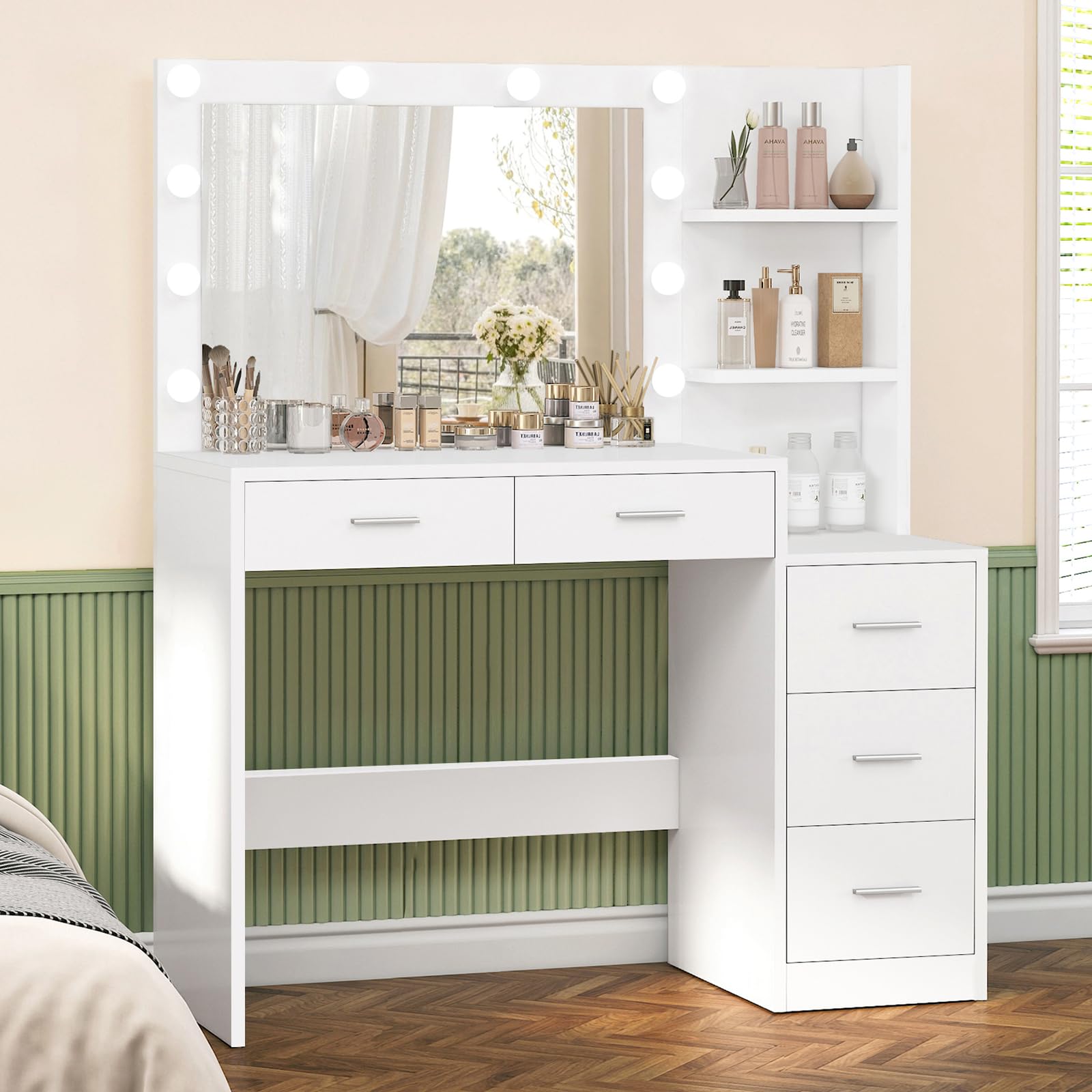 FIONESO 110cm Coiffeuse avec Grand Miroir LED, 3 Couleurs, Luminosité Réglable, Coiffeuse avec 5 Tiroirs et 2 Compartiments, Blanc