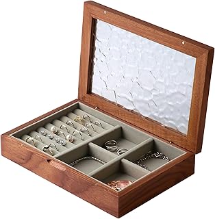 Wooden Jewelry Box for Women, Medium Size Natural Solid Walnut Wood Vintage Trinket Organizer with Large Storage, Ring Compartments, Built in Necklace Hooks, Glass Lid, ek06-m-walnut