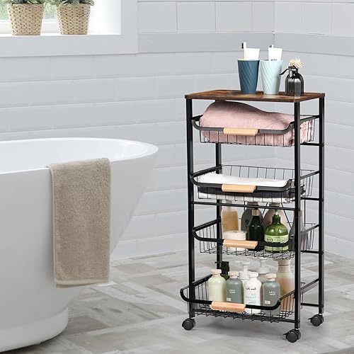 Miniatura 7 de Carrito de almacenamiento de cocina con ruedas, carrito de metal de 4 niveles, cesta de malla con mesa de madera para almacenamiento de frutas,