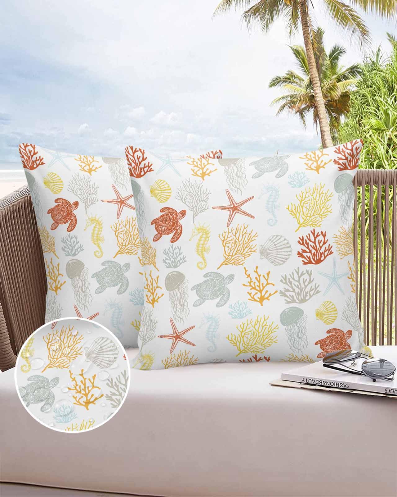Boanket Outdoor Pillow Covers 24 x 24 in, Orange Yellow Coastal Waterproof Throw Pillow Cover Set of 2, Nautical Summer Coral Sea Turtle Home Decorative Square Cushion Covers for Patio/Couch/Garden