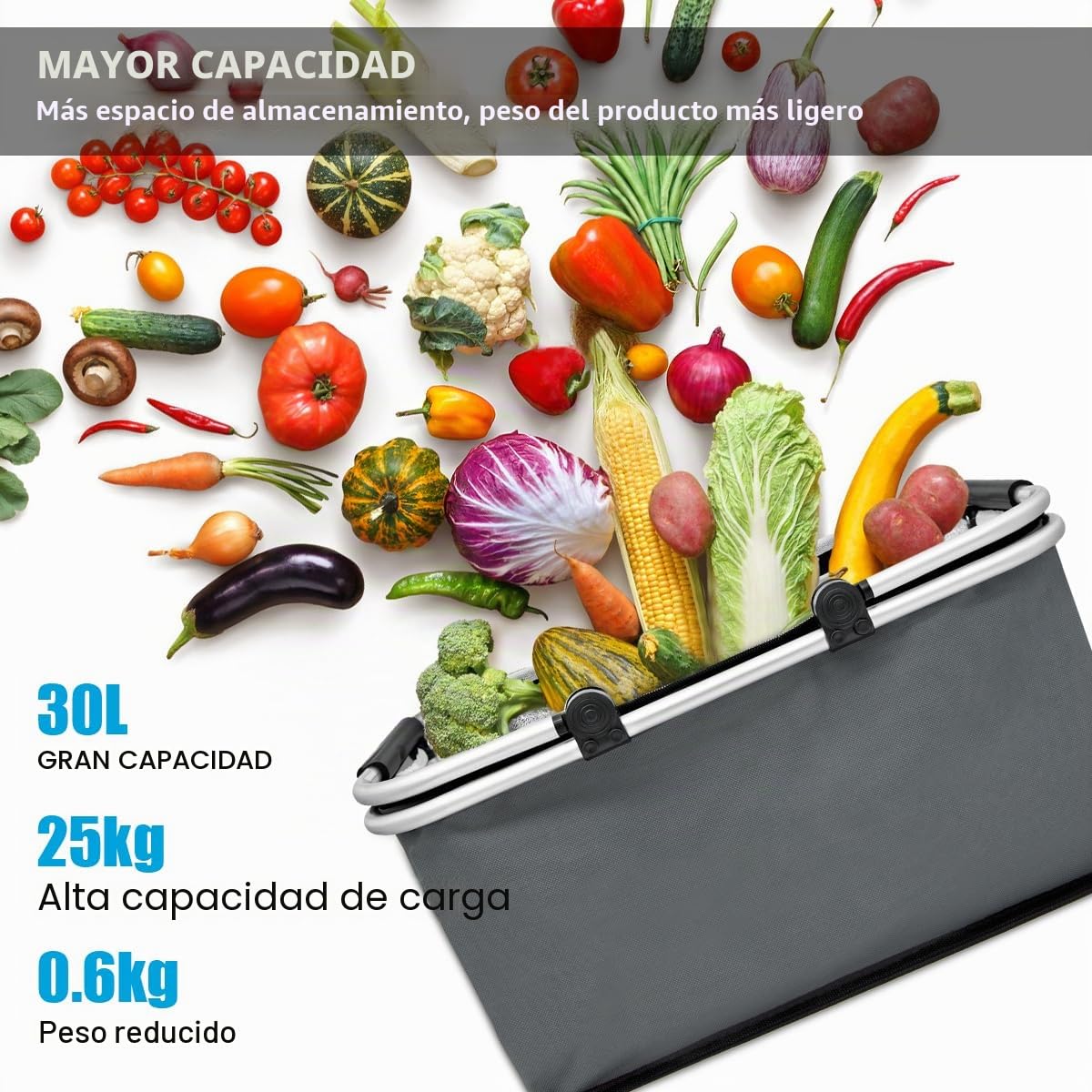 Cesta de Picnic Grande Portátil Plegable Impermeable, Bolsa Térmica con Marco de Aluminio, Oxford Cesta Resistente para Camping y Picnic (Gris)
