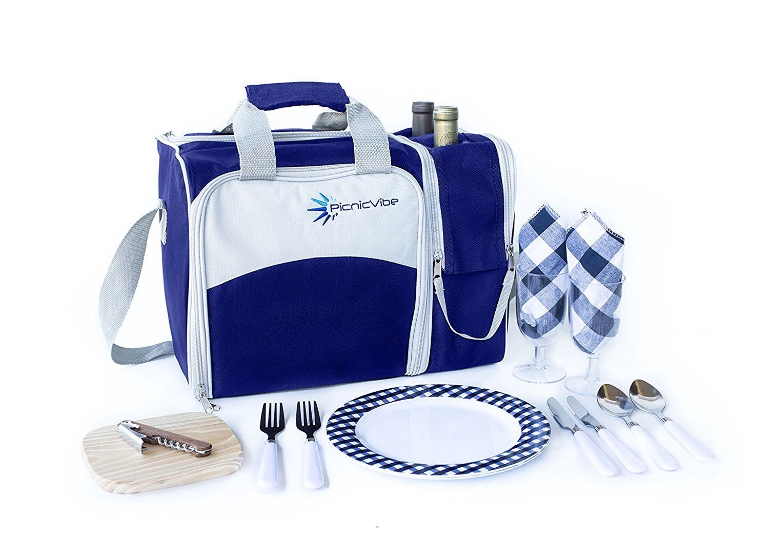 Picknickkorbtaschen-Set für 2 Personen, isolierte Tragetasche mit Kühlfach, 2 Flaschenabschnitte, inklusive Weingläser, Teller, Besteck und komplettem Besteck