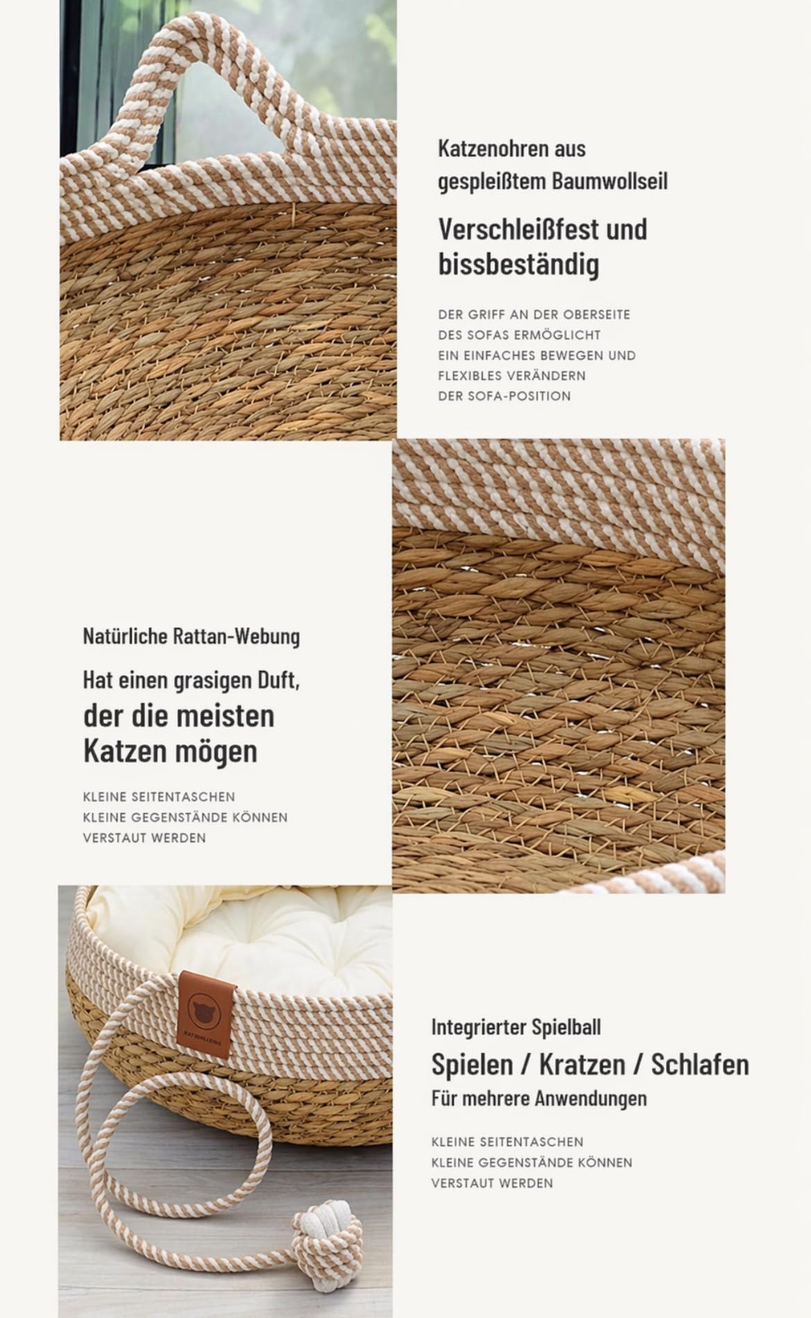 Katzenbett mit Kissen, 50cm Waschbar Katzenkorb Katzenbett Katzenhöhle Haustierbett mit Kissen und Spielball aus Sisal geflochten, zum Schlafen für Alle Katze