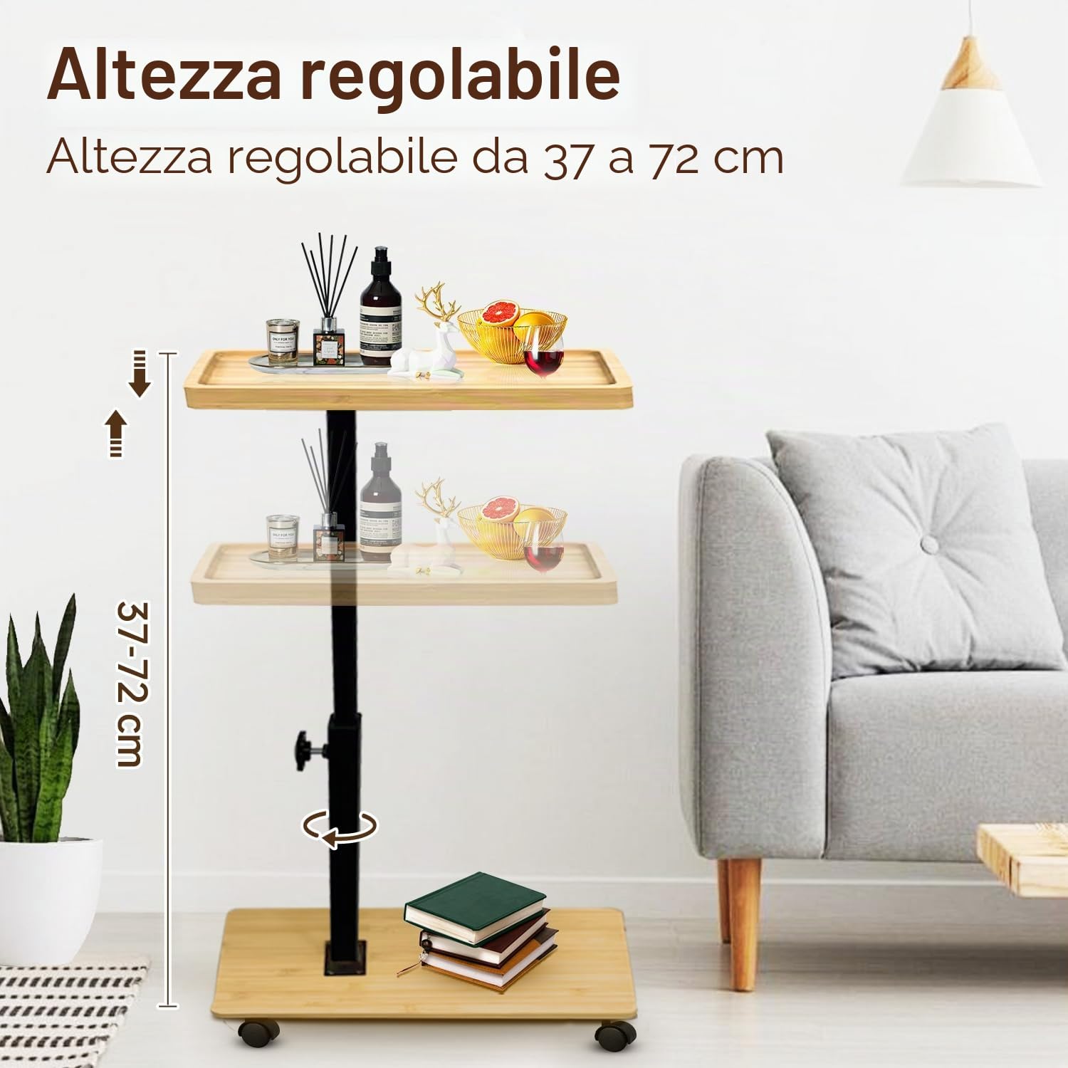Tavolino Laterale Forma C in Bambù e Metallo Moderno Altezza Regolabile con Rotelle - per Letto, Divano, Comodino - Soggiorno, Camera da Letto, Bagno