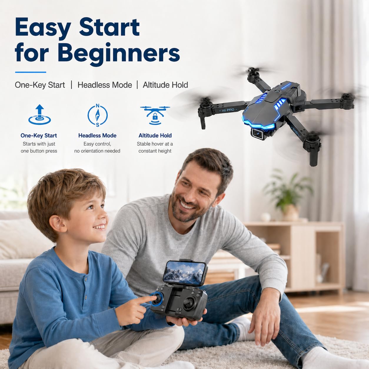 Dron con Camara 1080P para Niño y Adultos RC Quadcopter con Motor sin Escobilla Drone FPV para Principiantes con 30min de Vuelo/Altitud Retención, Juguete para Niño Regalos Cumpleaños (Grey)