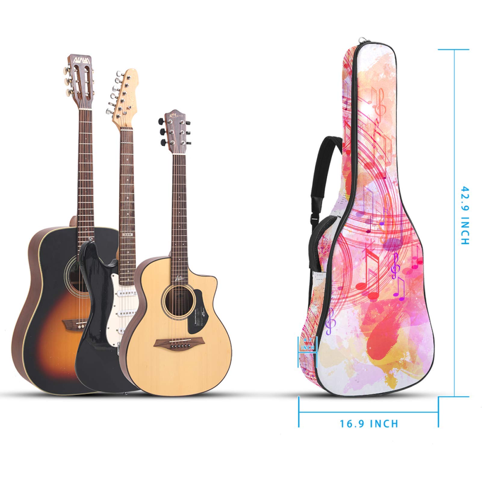 Gitarrentasche mit Reißverschluss, wasserdicht, weich, für Bassgitarre, Akustik- und klassische Folk-Gitarre, Pink mit Musiknoten