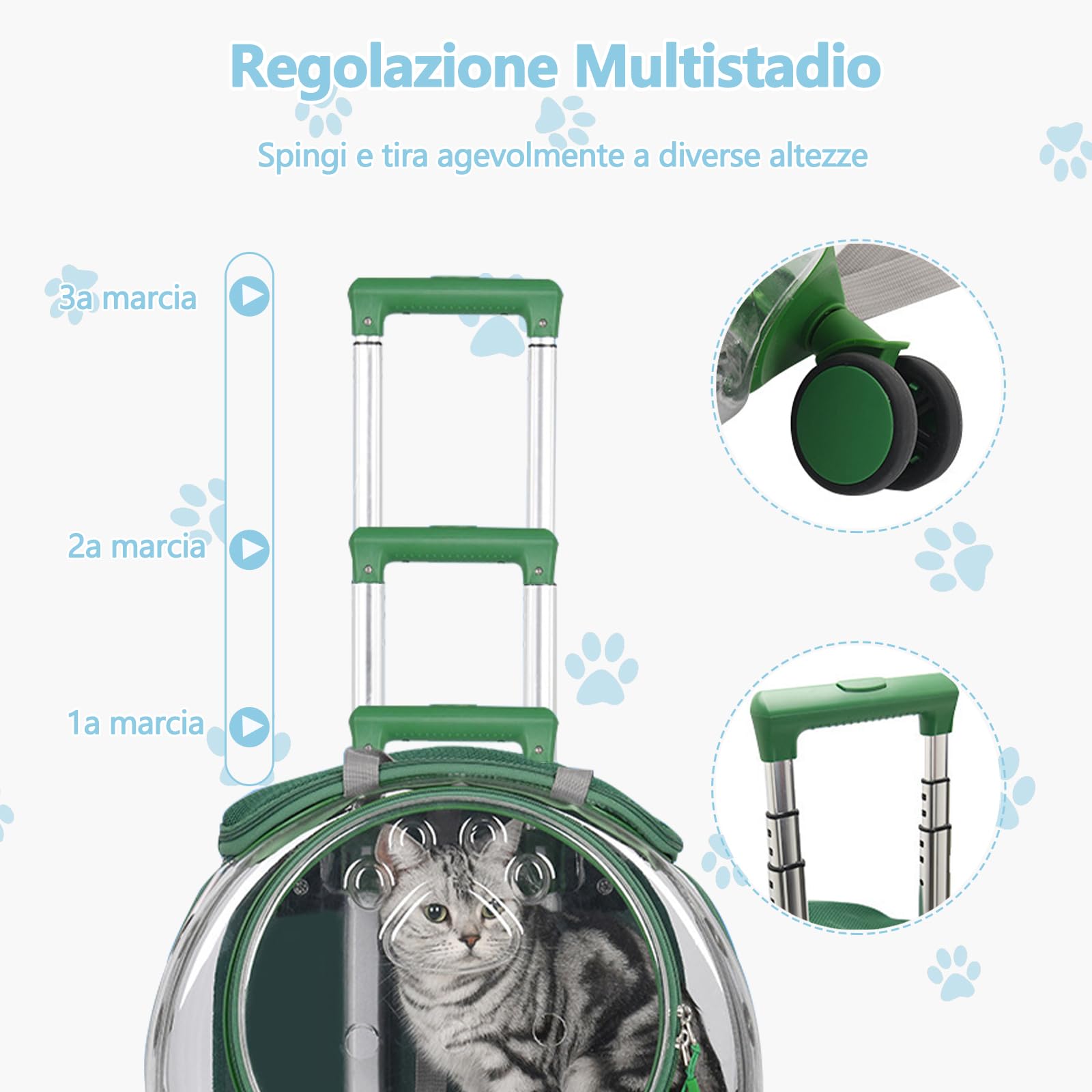 Galatée Borsa Da Viaggio Per Gatti, Schienale Rimovibile e Traspirante, Ampia Apertura, Interno Spazioso, Borsa Trolley Trasparente Per Cani e Gatti (Verde)