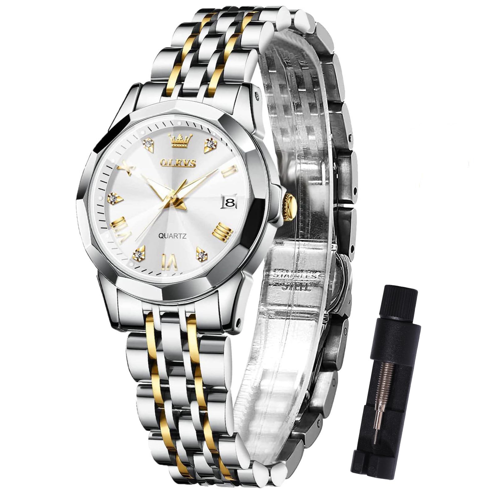 OLEVS Edelstahl Damenuhr - Stylish Analog Kleine Gesicht Armbanduhr, Leuchtend Wasserdicht, Elegante Diamant Römische Arabische Ziffern Uhr Mit Datum