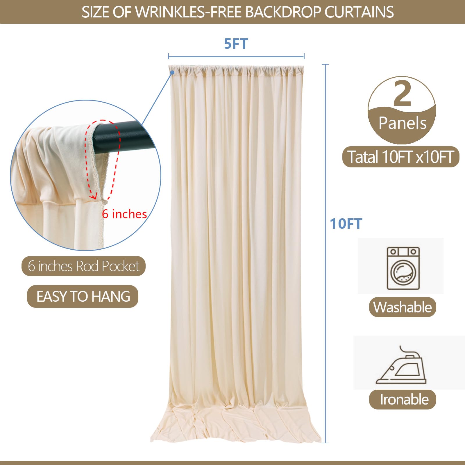 10x10 pi Arrière-plan sans plis en tissu doux pour fêtes, rideau de décoration en tissu pour mariage, rideau crème pour décorations d'anniversaire, fond pour photographie 5x10 pi, 2 panneaux