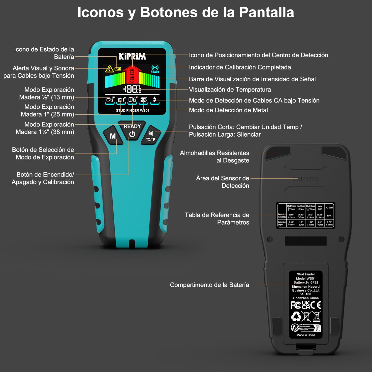 Kiprim Detector de Metales y Vigas, Detector de Pared 5 en 1 Profesional, Localiza Madera (13/25/38mm), Metales (45mm) y Cables AC Vivos (70mm) con Pantalla LCD e IP54 - WS01
