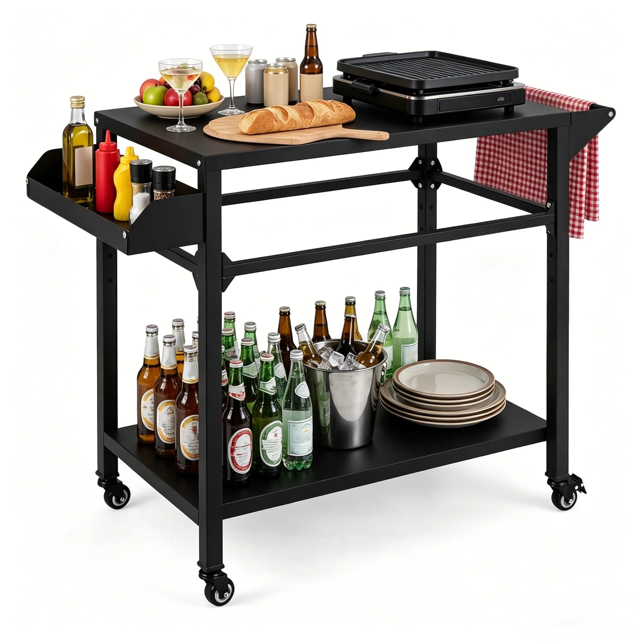 KOMFOTTEU Carrello per Barbecue a 2 livelli, Carrello da Giardino con Porta Asciugamani e Scaffale per Spezie, Desserte da Esterno, 4 Rotelle, per Giardino e Terrazza, 100 x 45 x 80 cm, Nero
