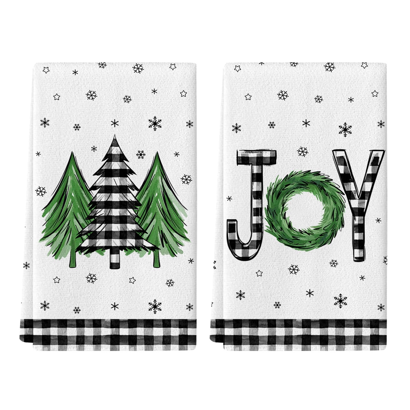 Merry Christmas Hand Towels Set of 2,Xmas Tree Joy Snowflake Checkered Bath Hand Towels for Bathroom Decorative Winter Soft Absorbent Face Towels for