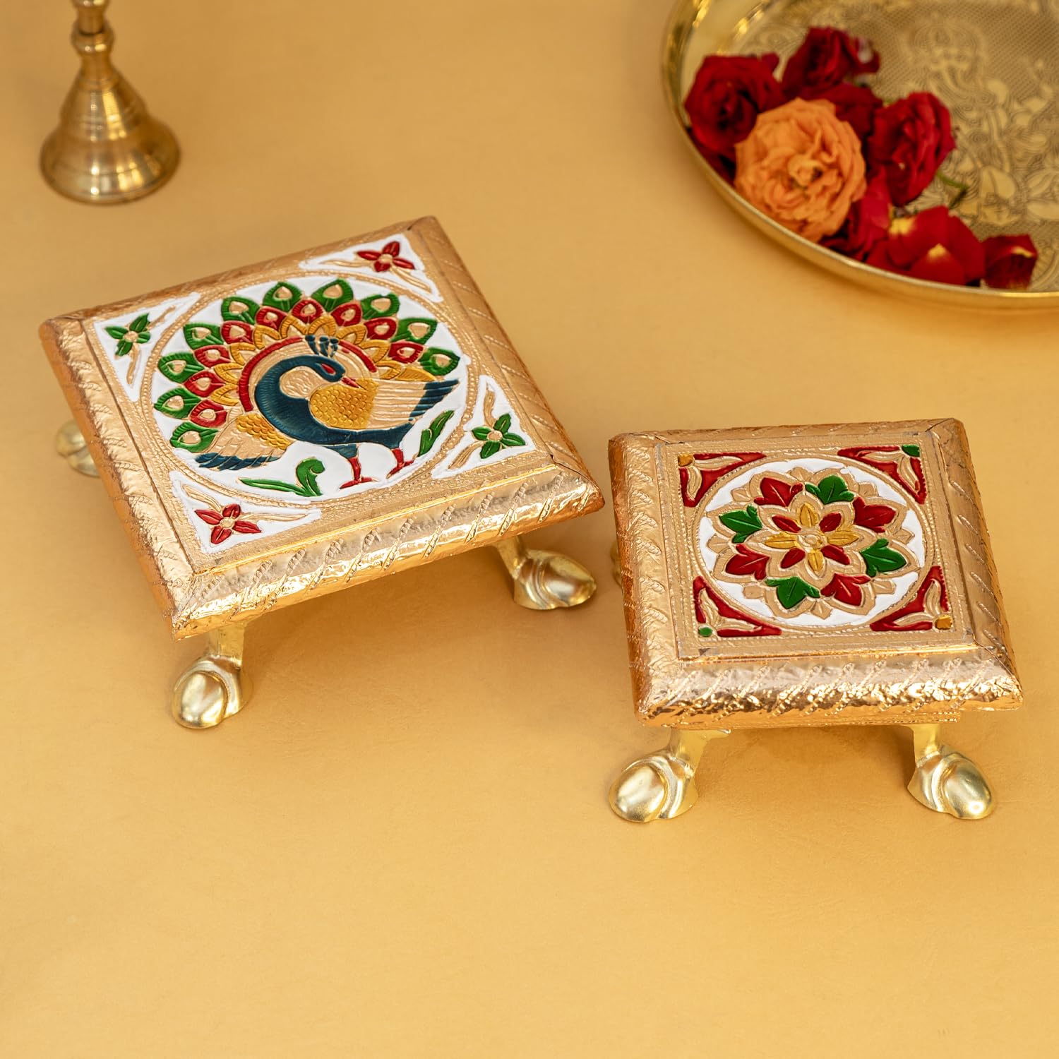 Ekhasa Wooden Chowki Set of 2 | Wooden Pooja Chowki for Puja | Puja Stand for Mandir & God Idols | Small Stand for God Idols | Pooja Stand for Home Temple