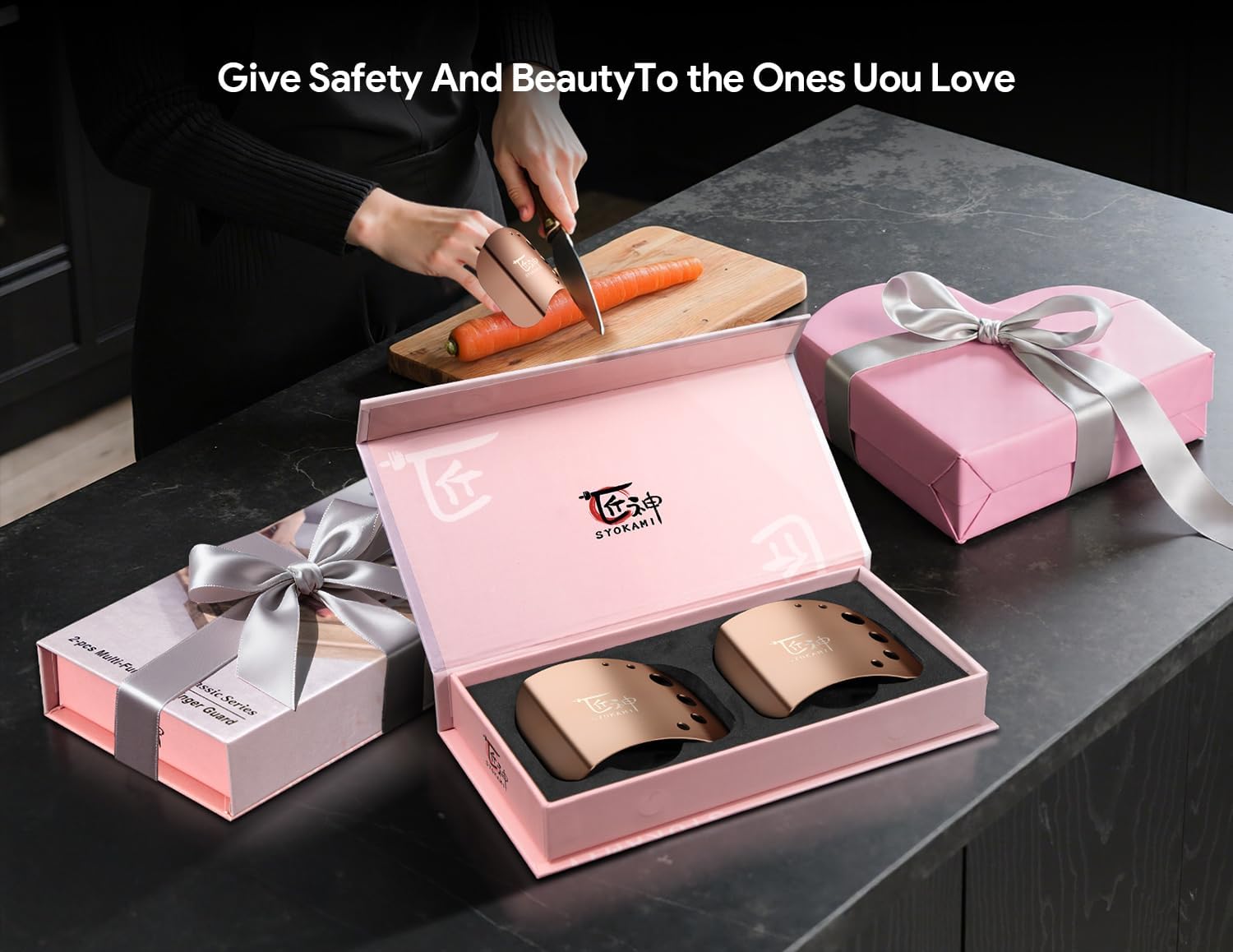 SYOKAMI Stainless Steel Finger guards for cutting food, Finger Protectors for Slicing as Gift for Couple, Women or Mom with Gift Box Rose Gold