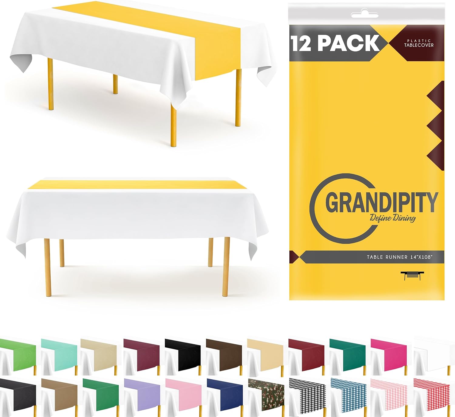 Yellow 12 Pack Premium Disposable Plastic Table Runner 14 x 108 Inch. Table Runner for Dinner Parties & Events by Grandipity