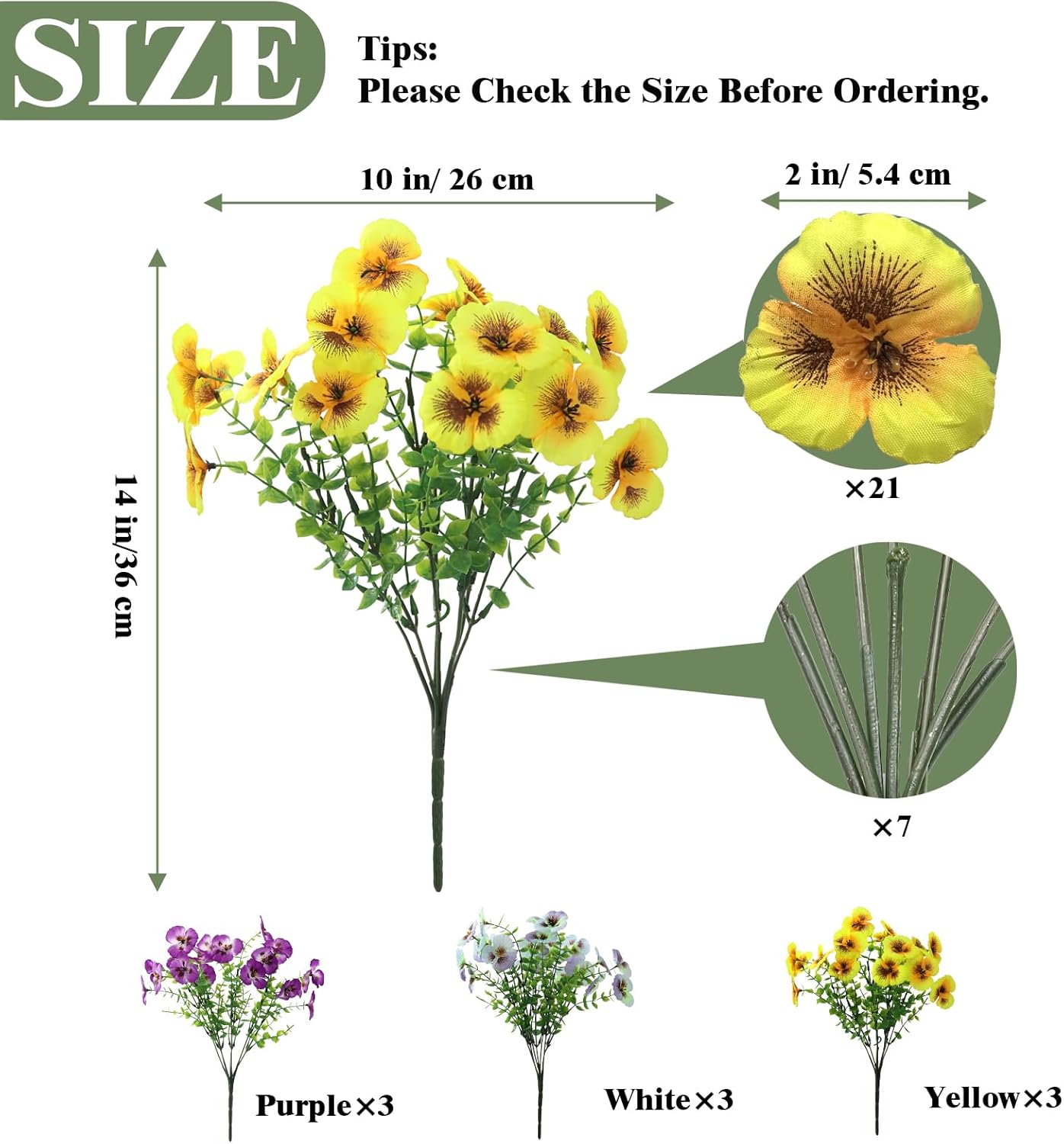 Artificial Flowers Plants, Outdoor Spring Summer Faux Pansy Flowers Fake Greenery Plants UV Resistant for Home Garden Front Door Yard Porch Patio Window Box Decor 9 Bundles (White Yellow Purple) - Image 2