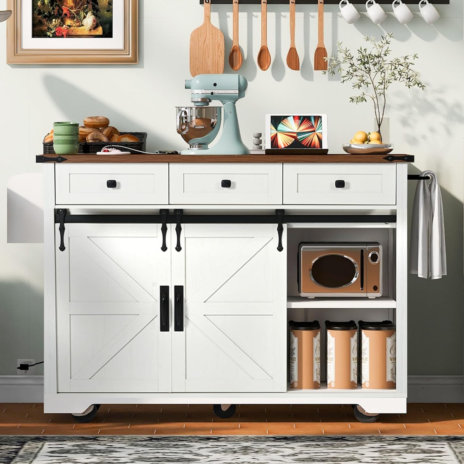 Farmhouse Kitchen Island with Barn Door Kitchen Storage Island with Drop Leaf, Spice Rack Rolling Kitchen Cart on Wheels for Home, Dining Room, White