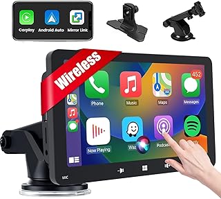 Portable Car Stereo Wireless Apple Carplay Wireless Android Auto, 7Inch IPS Touchscreen Car Audio Receivers Car Radio with Bluetooth, Portable Carplay Screen for Car, Voice Control/GPS/USB/AUX/TF
