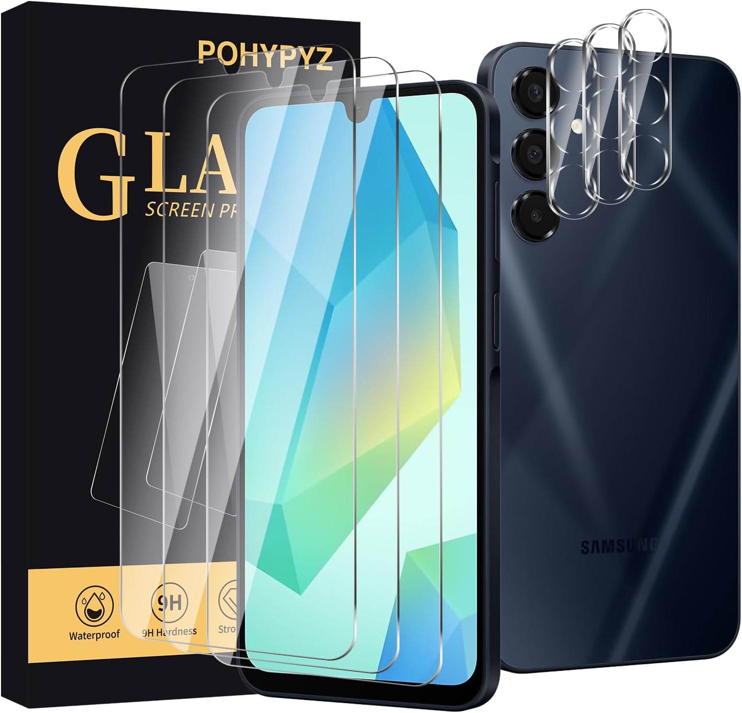 [Pack of 3 + 3 Screen Protectors for Samsung Galaxy A16 3 Pieces HD Clear Tempered Glass + 3 Pieces Camera Lens Protectors 9H Hardness Anti-Scratch Anti-Oil Ultra Resistant Case Friendly