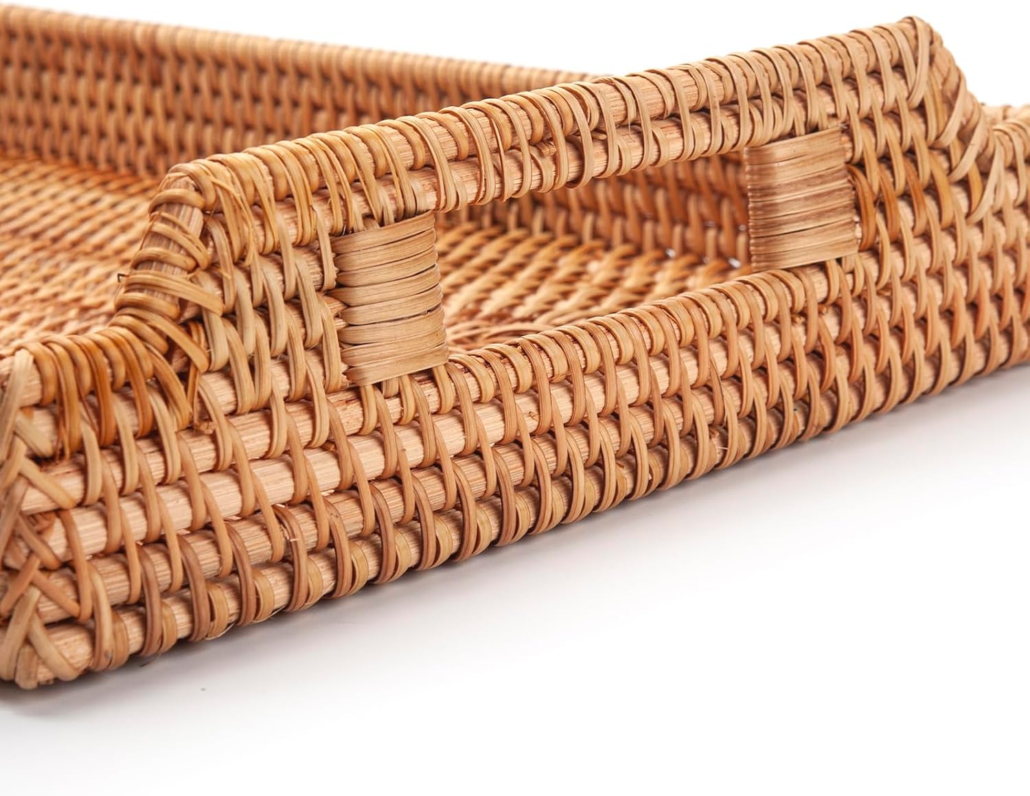Rattan Serving Tray with Handles, Rectangular Wicker Basket Tray, Hand Woven Flat Basket for Coffee Table Dinning Room Bathroom (17 x 11.4 x 1.8 inch)