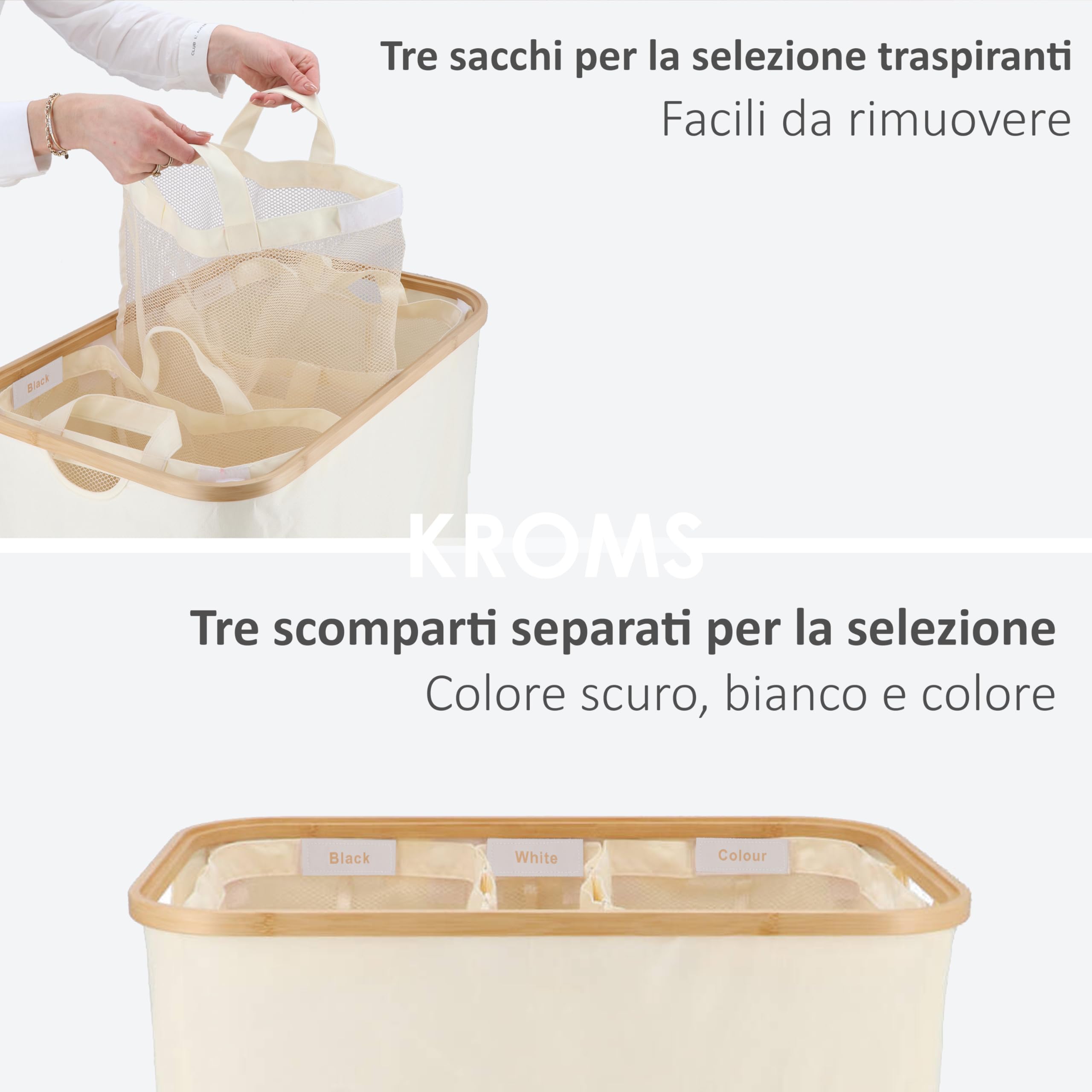 Cesto Per Biancheria 158L Con 3 Scomparti - In Tessuto Bamb&ugrave;, Pieghevole, Con Coperchio