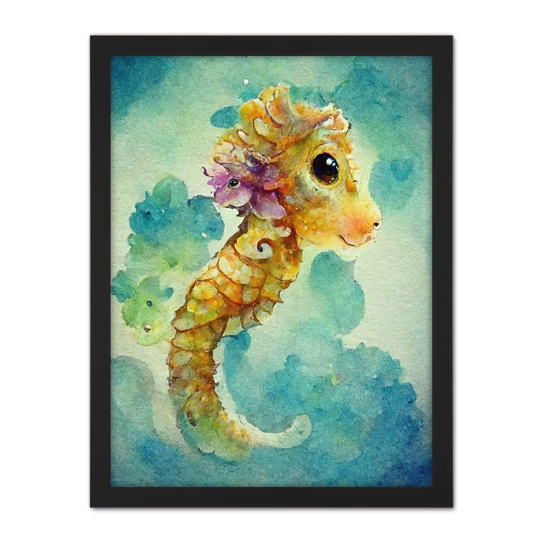 Doppelganger33 LTD Cute Baby Seahorse Kids Bedroom Watercolour Illustration Artwork Framed Wall Art Print 18X24 Inch