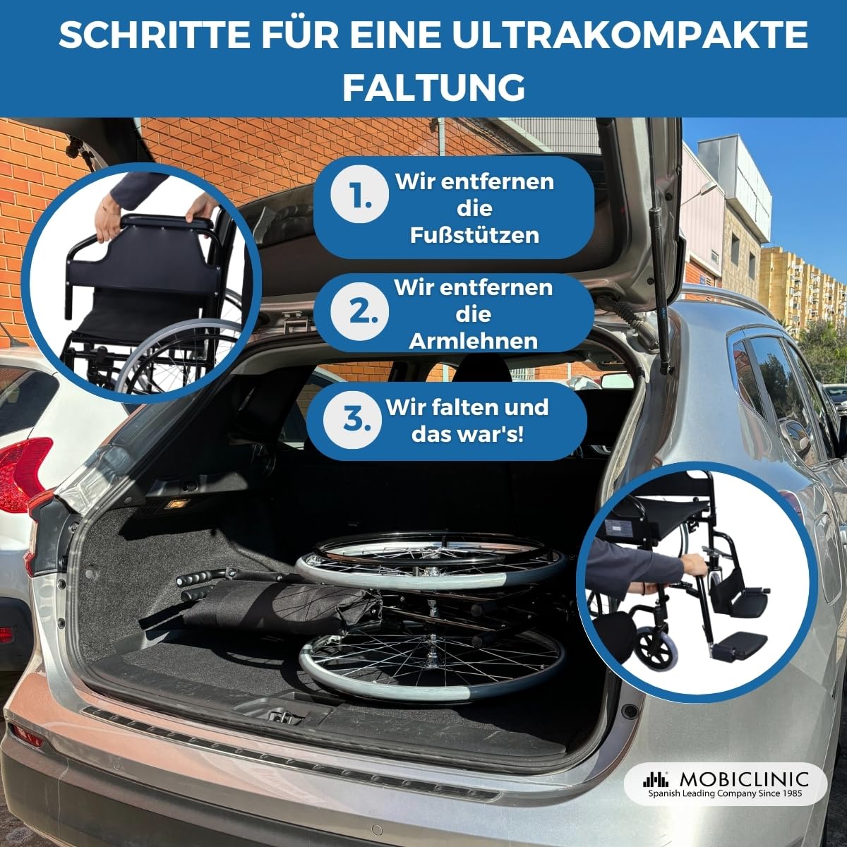 Mobiclinic®, Rollstuhl faltbar leicht, Selbstfahrend, Abnehmbare und gepolsterte armlehnen, Klappbare fußstützen, Catedral, Manuelle bremse, Bordsteinanhebesystem, Pannensichere räder, Robust