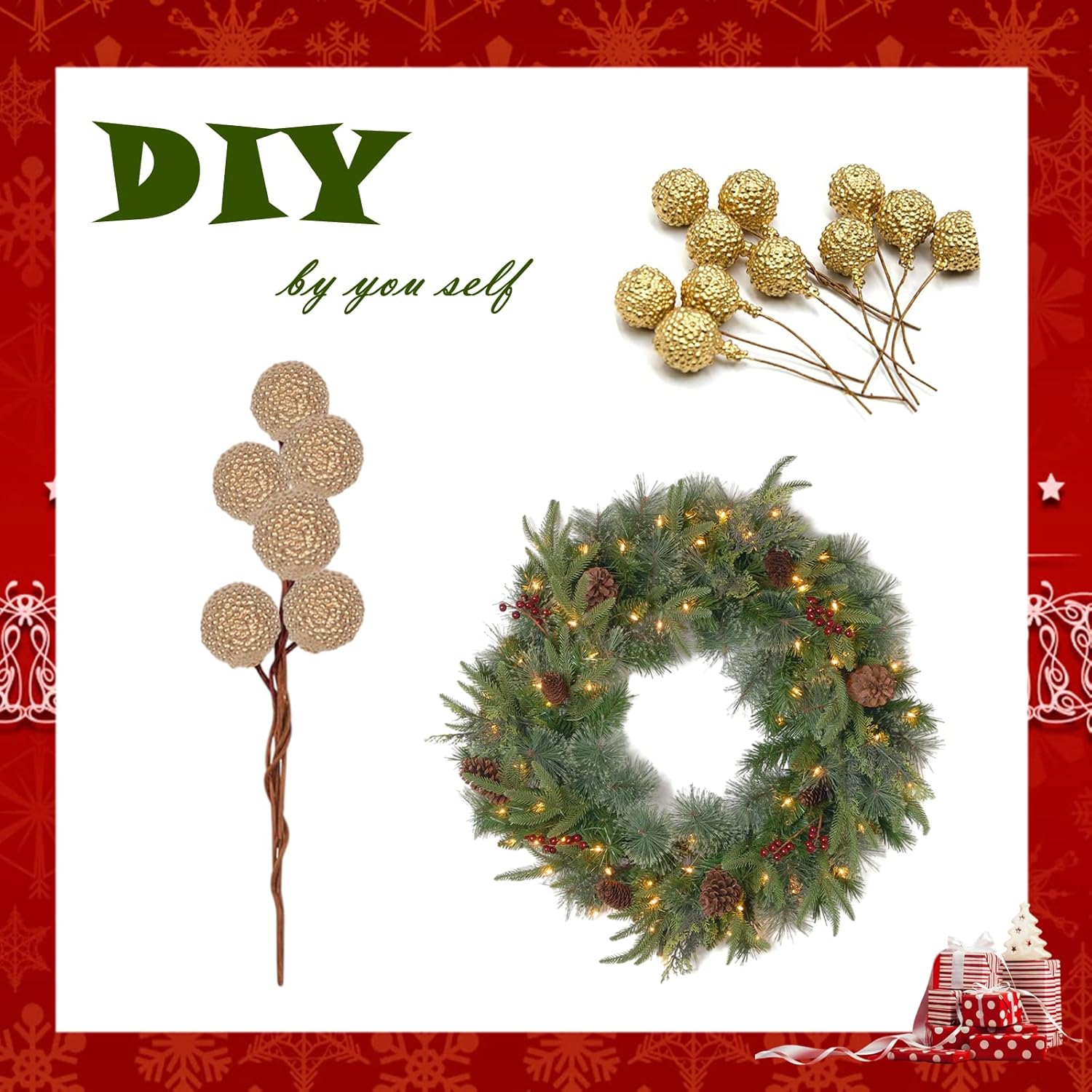 100pcs Christmas Artificial Frosted Fruit Berry,1.4cm Gold Artificial Berry Twig Stem Berry Fruits Picks Winter Berries Bunch for Christmas Wreath Making Xmas Tree Decorations Supplies