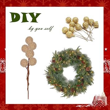 Mienocol 100pcs Christmas Artificial Frosted Fruit Berry, 1.4cm Gold Twig Stem Fruits Picks for Winter Wreath Making, Xmas Tree Decorations Supplies