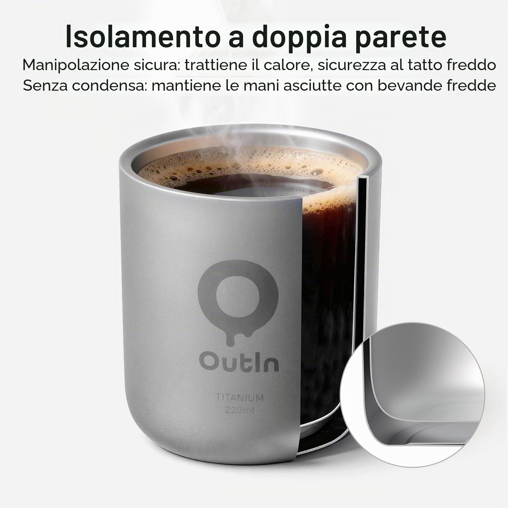 OutIn Tazza da Caffè in Titanio Ultralight, Mug da Campeggio a Doppia Parete, Titanio Puro che Preserva il Gusto, Compatibile con Macchina Espresso Nano per Trekking e Campeggio (220 ml)