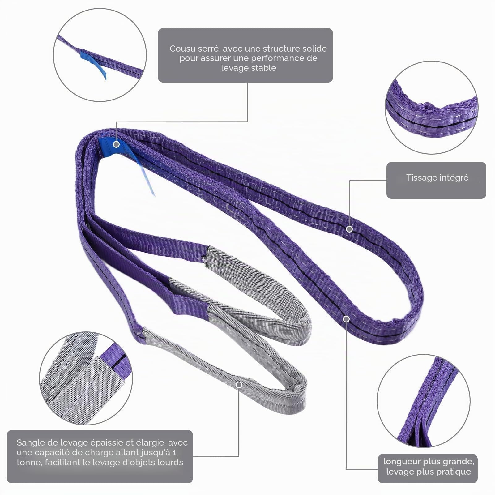 Élingue 1 tonne 2 m, Sangle de Levage avec Boucle Plate, Élingues Plates Tissées, Corde Anti-Abrasion et Anti-coupures en Polyester pour soulever des Objets Lourds