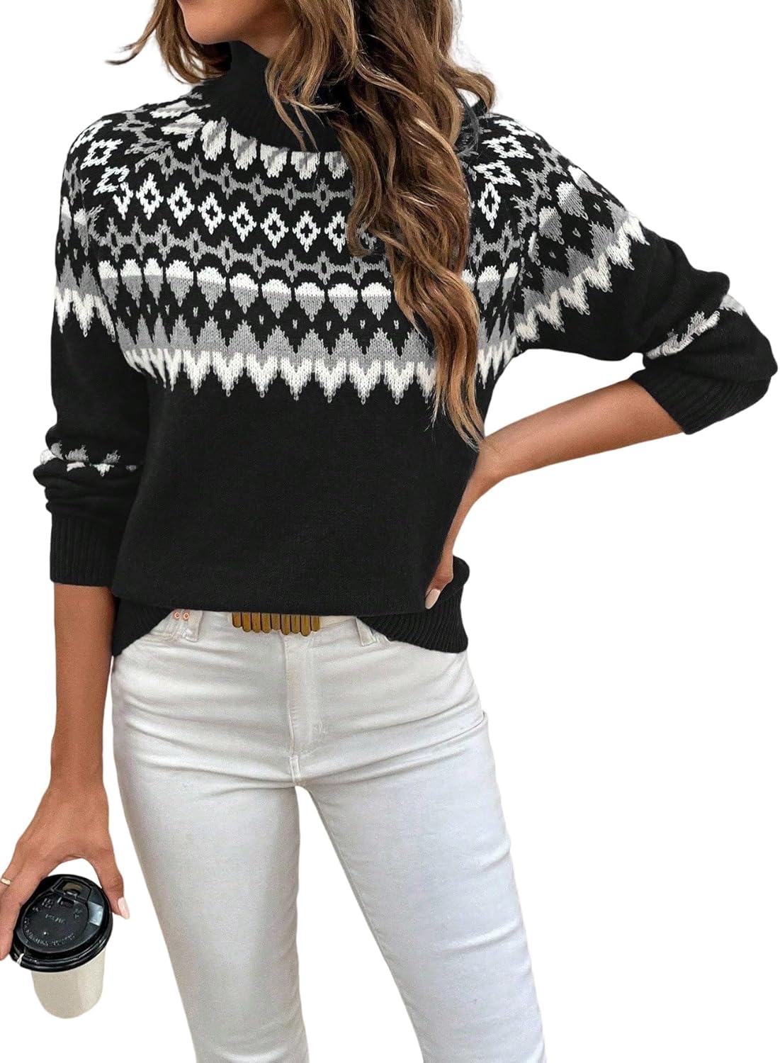 Urchics Womens Long Sleeve Casual Turtleneck Rhombus Pattern Raglan Sleeve Sweater, Autumn/Winter Pullover Tops