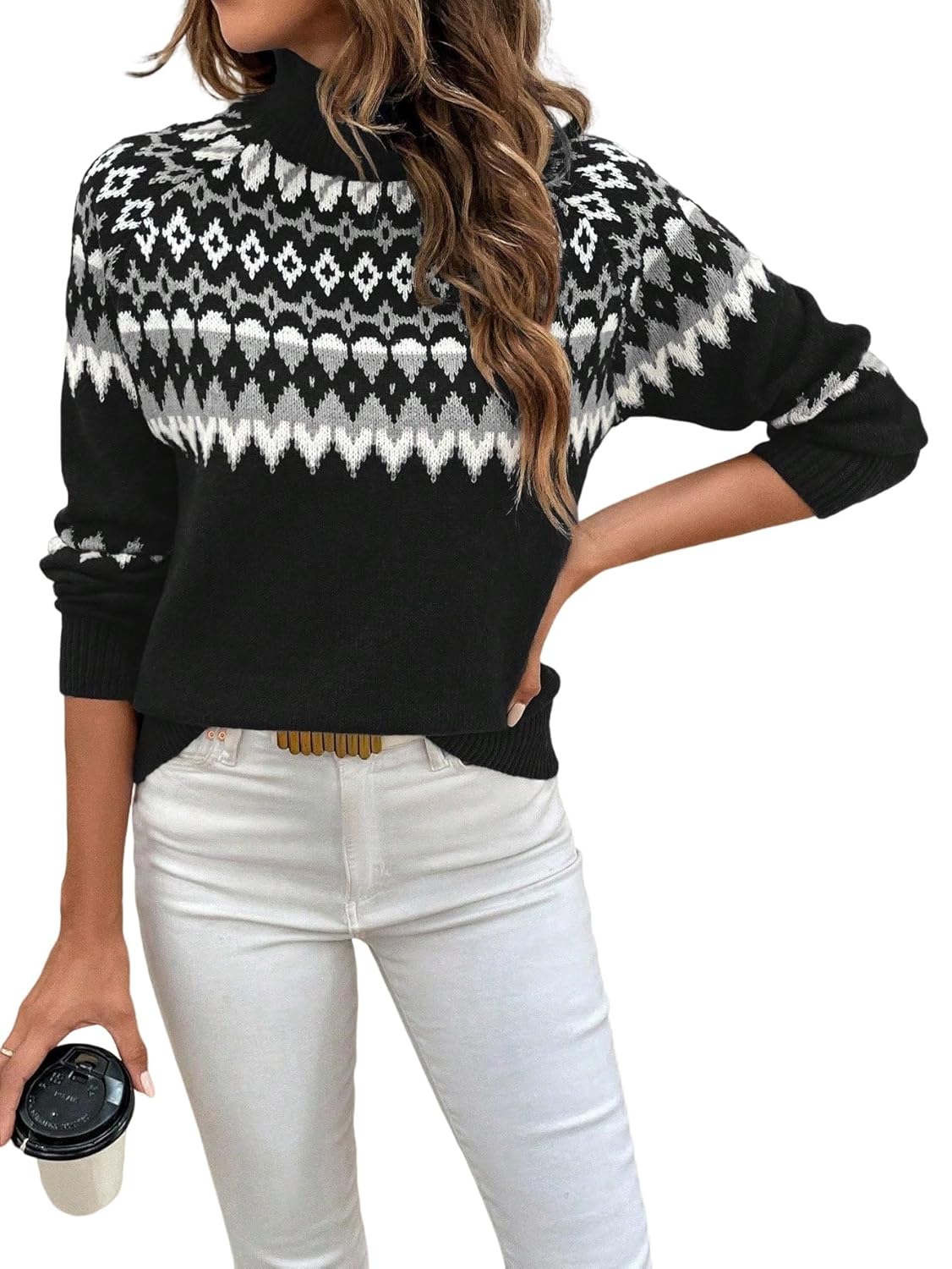 Urchics Womens Long Sleeve Casual Turtleneck Rhombus Pattern Raglan Sleeve Sweater Autumn Winter Pullover Tops
