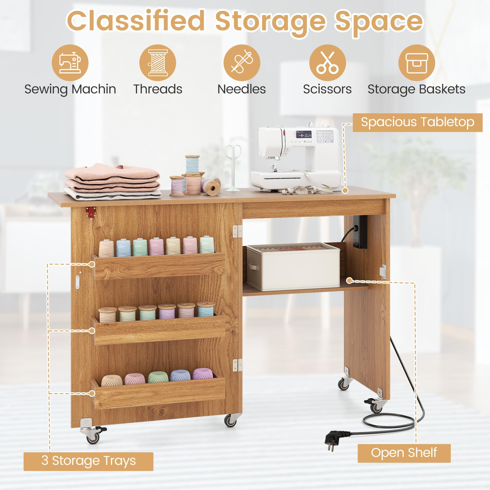 GIANTEX Table de Couture sur roulettes, Meuble Machine à Coudre, Station de Recharge, 4 Plateaux Ouvert de Rangement, Grand Plan de Travail, Meuble Couture Pliant pour Salon, Bureau, Naturel
