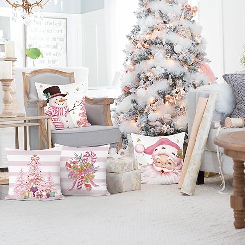 Miniatura 2 de Bonhause Juego de 4 fundas de almohada rosas de Navidad de 18 x 18 pulgadas, Papá Noel, muñeco de nieve, bastón de caramelo, árbol de Navidad,