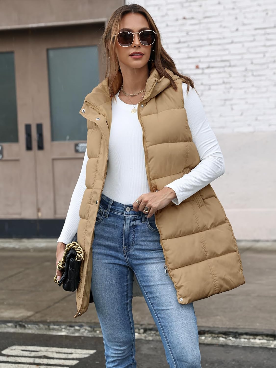 Gihuo Women's Long Puffer Vest Winter Quilted Hooded Sleeveless Zip Up Long Jacket Vest Gilet - Image 3