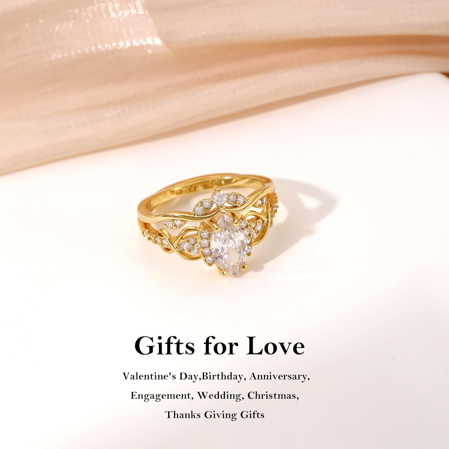 Cubic Zirconia Rings for Women Non Tarnish Marquise Engagement Ring Set 14K Gold Plated Rings Vintage Wedding Band for Her Size 5-10 - Image 6