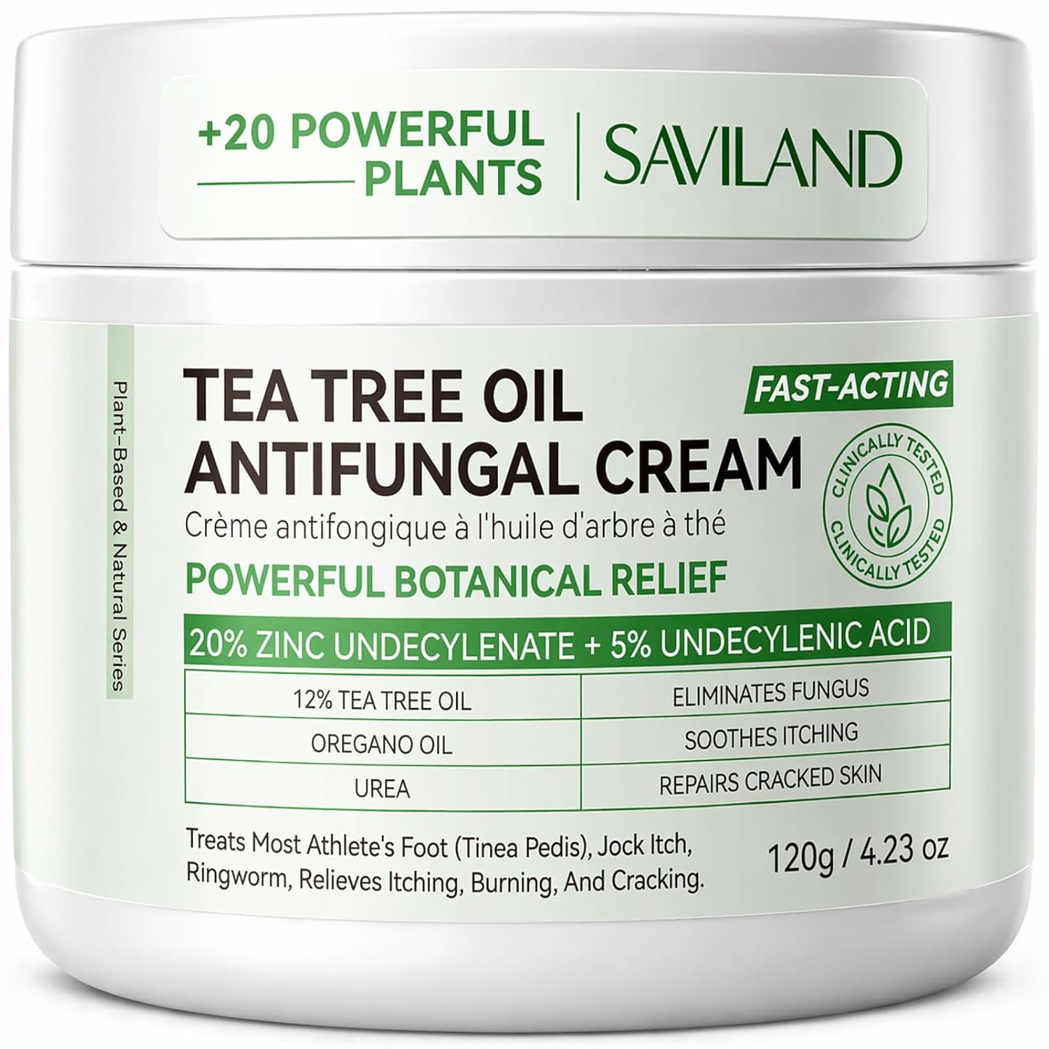 SAVILAND Antifungal Cream FSA-HSA Max Strength: 25% Undecylenic Acid Anti Fungal Cream for Skin-Foot Fungus Treatment for Athletes Foot Jock Itch Ringworm Comfort with Tea Tree & Oregano Oil 4.23 oz